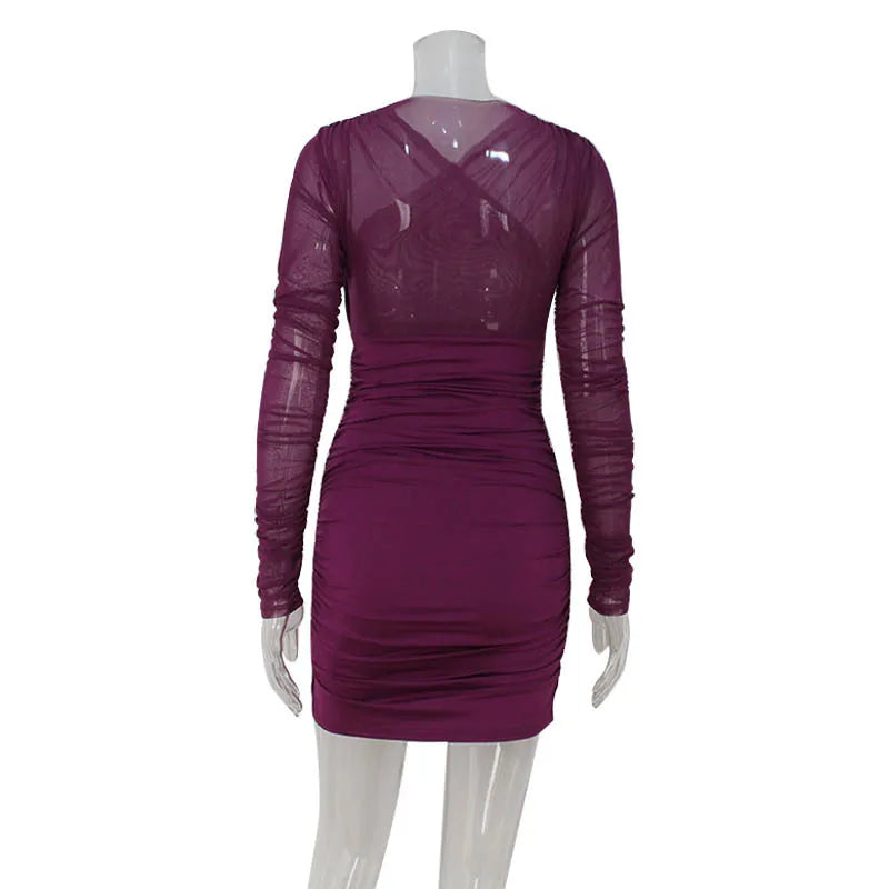 Mesh Dresses For Women Fashion Sexy Streetwear Solid Folds Long Sleeves O-Neck Sheath Hip Wrap Mini Vestidos Robes Female Slim