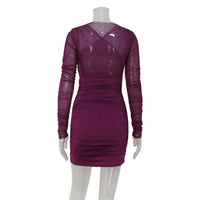 Mesh Dresses For Women Fashion Sexy Streetwear Solid Folds Long Sleeves O-Neck Sheath Hip Wrap Mini Vestidos Robes Female Slim