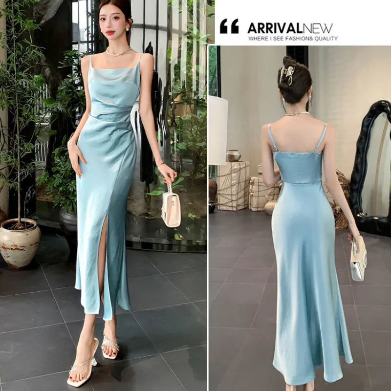 Summer Red Blue Satin Fishtail Sling Dress Women Clothes