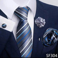 Hot Sale Luxury 8 cm Blue Floral Ties Pocket Square Cufflinks Brooch Set For Man Suit Accessories Holiday Gift Fit Formal Party