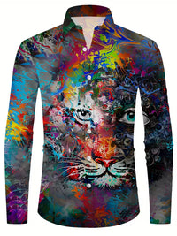 New men's fashionable 3D dragon print shirt casual long sleeved animal button design fashionable shirt top