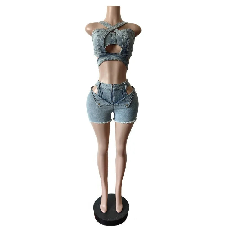 2 Piece Sets Women Denim Shorts Suit Sexy Vest Top Strap Backless Jeans Short Pants Pockets Outfits 2025 Streetwear Ensemble