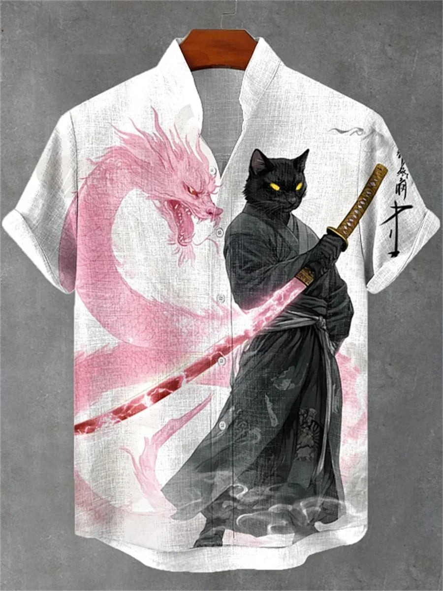 Men's Cat Print Short-Sleeve Shirt, Stand Collar Retro Casual Top, Breathable Slim Fit Shirt, Outdoor Casual Hawaiian Shirt