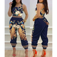 Sexy 2022 Women Chic Casual Jumpsuits One Piece Plants Print Criss Cross Tied Backless