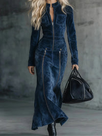 French Vintage-Inspired Faux Suede Multi-Zip Slim-Fit Dress for Women Elegant Stand Collar Long Sleeve Chic Ethnic Long Dress