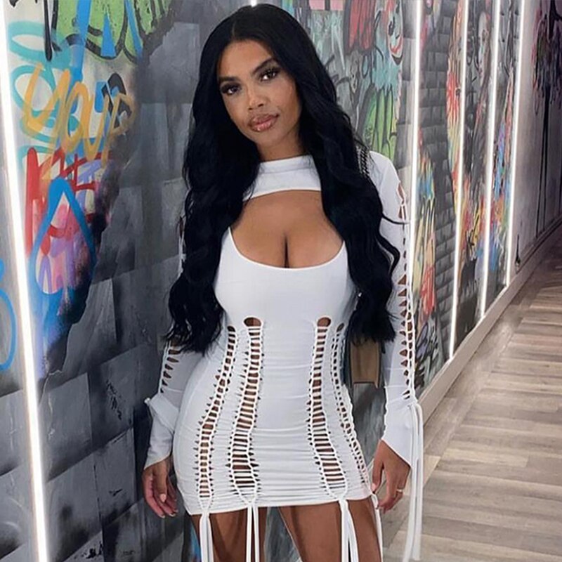 Dulzura Autumn Bandage Ruched Neon Y2K Clothes Hollow Out 2 Pieces Long Sleeve Backless Bodycon Mini Dresses For Women 2022 Club