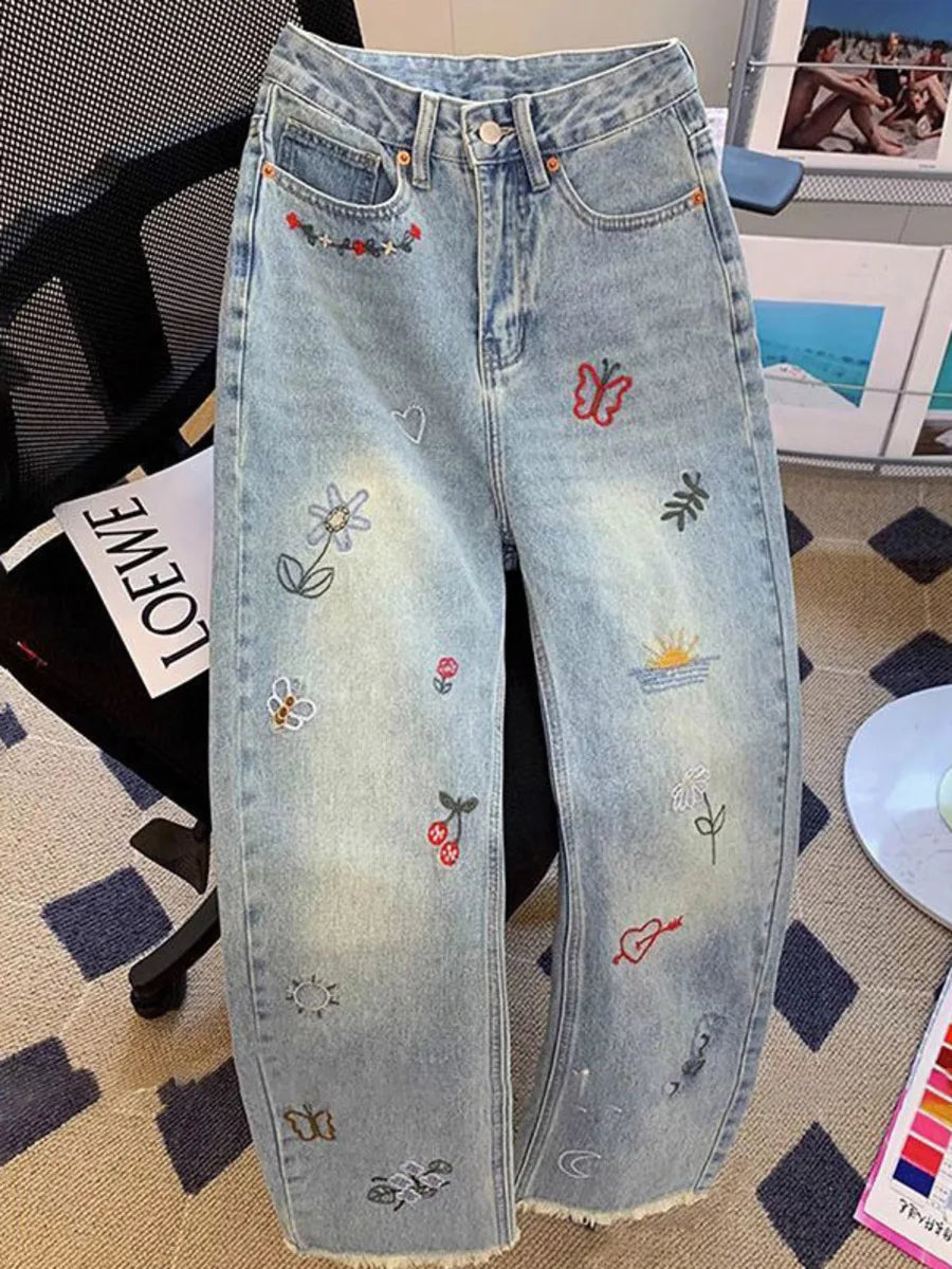 Vintage Embroidered Jeans Trousers For Women Summer 2025 New Korean Fashion High Waist Straight Retro Casual Denim Pants