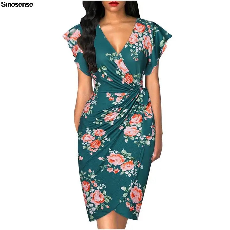 Women Vintage Floral Cocktail Party Dress Sexy V Neck Ruffle Sleeve Ruched Slim Pencil Dress OL Business Work Office Midi Dress