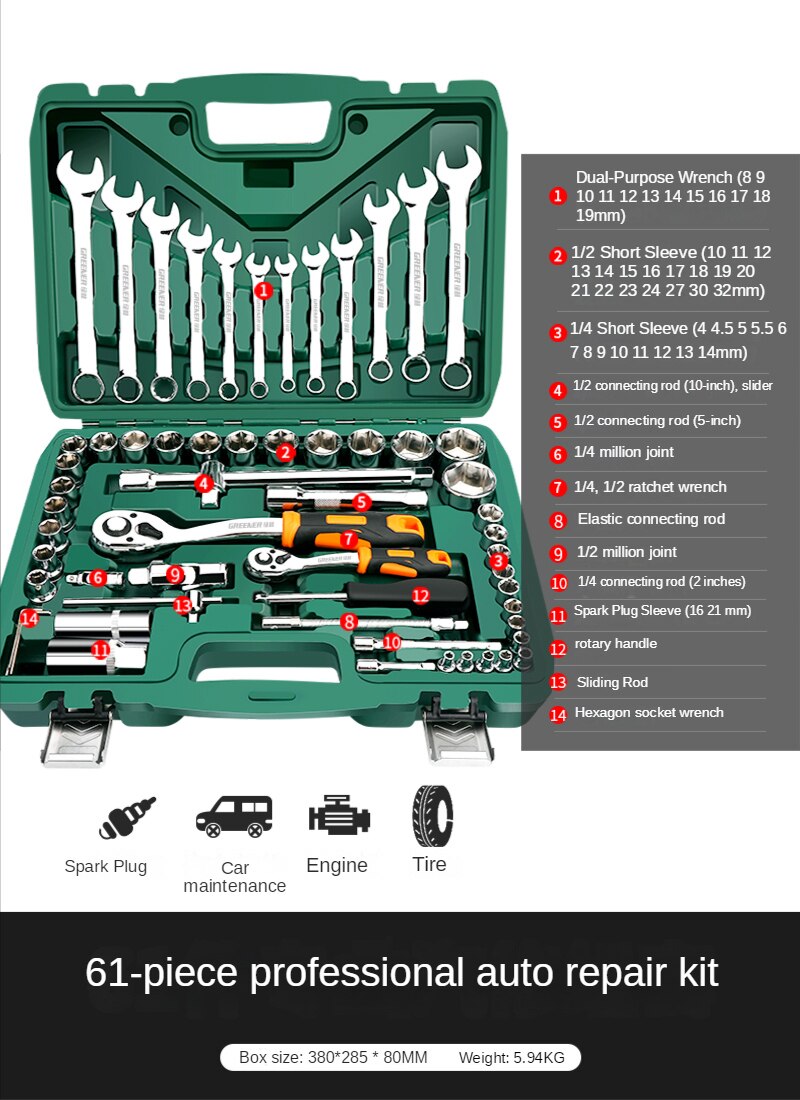 Professional Auto Repair Toolbox Kit Socket Wrench Ratchet Combination Complete Set of Multifunctional Tools and Accessories