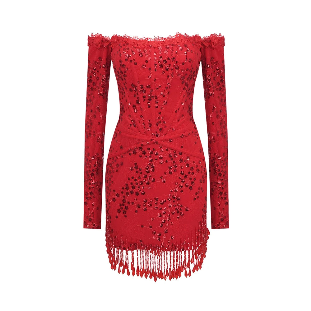VC Women'S Sexy Luxury Dress Crystal Tassel Sequin Patchwork Lace Red –  Mega Mart Center
