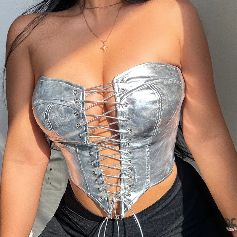 Lace Up Bandage Hollow Out Sexy Y2K Crop Top Corset Summer Strapless Backless Women Tank Tops Sleeveless Club Party Tube Outfits