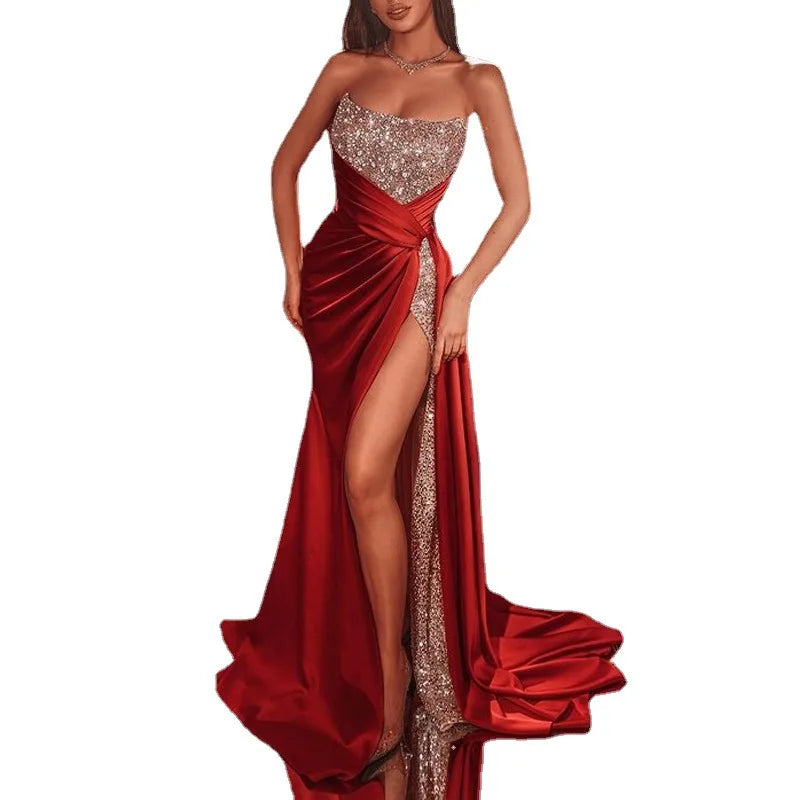 Luxury Floor Length Dresses For Women Wedding Party Clothes Split Strapless Sequins Long Evening Gowns Female Gold  ecoparty