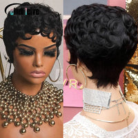 #1B Black Short Curly Pixie Cut Wigs For Women Curly Wig Brazilian Remy Human Hair Short Bob Full Machine Made Wig 150% Density