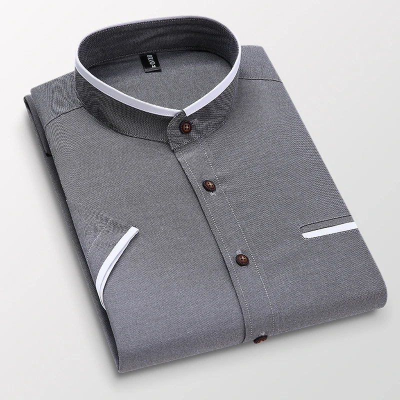 BROWON Summer Shirt Men Short Sleeve Slim Fit Stand Collar Solid Color Shirts for Men Clothing Oversized Button Up Shirt