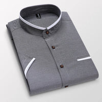 BROWON Summer Shirt Men Short Sleeve Slim Fit Stand Collar Solid Color Shirts for Men Clothing Oversized Button Up Shirt