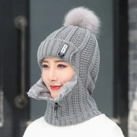 Coral Fleece Women Knitted Hats Add Fur Warm Winter Hats for Women with Zipper Scarf  Keep Face Warmer Balaclava Pompoms Cap