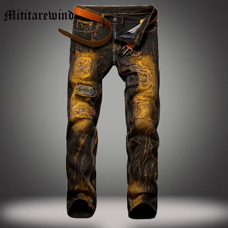 Men Ripped Distressed Denim Trousers Mid Waist Cargo Fashion Streetwear Skinny Jeans Vintage Stretch Casual Slim Pencil Pants