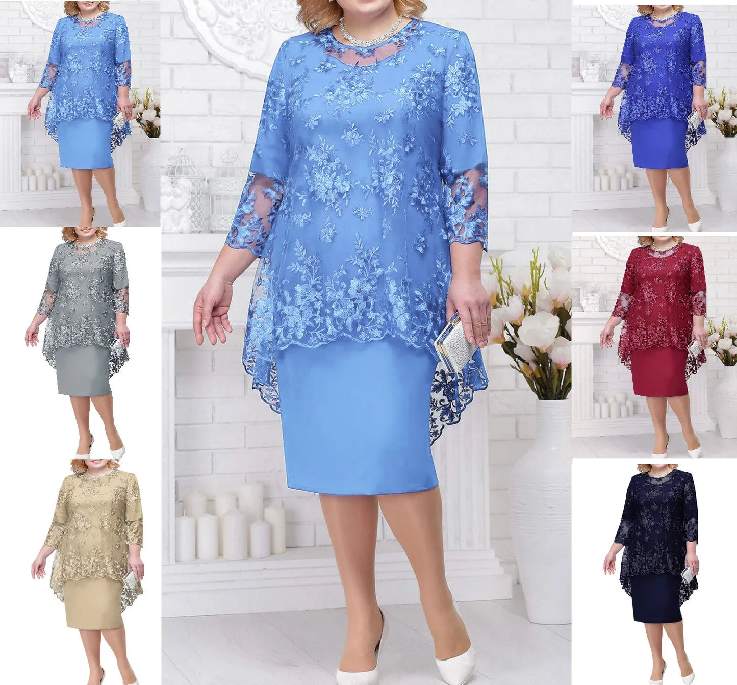 2023 Women Plus Size Dress O-neck Midi Loose Dress M-5XL Lady Evening Lace Mesh Sexy Elegant Dress Female Clothing Summer Autumn