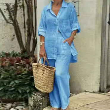 Summer Cotton Linen Casual Home 2 Piece Set For Women 2025 Fashion White Long Sleeve Shirt And Shorts Two Piece Sets Tracksuit