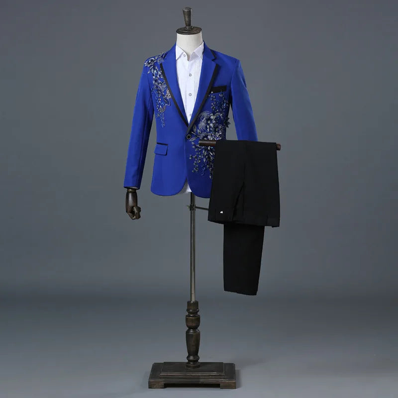 Temperament Gentleman Men's Suit Set Fashion Three Dimensional Marquetry Diamante Evening Dress Gorgeous Slim Groomsman Suits