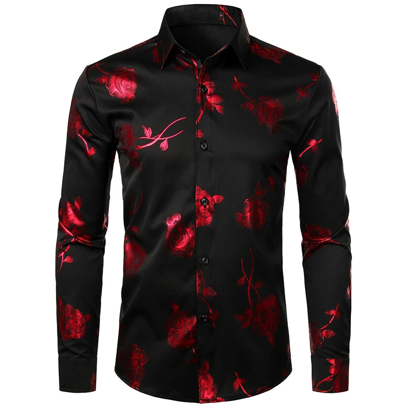 2024 New Men's Gold Shirt 3D Rose Print Slim Fit Button-Down Party Dress Shirt Athleisure Fashion Comfortable Long Sleeve