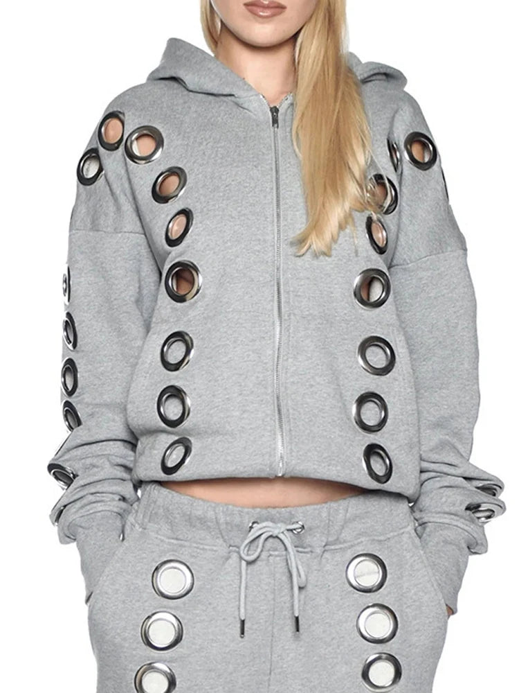 Weird Puss Y2K Hooded Crop Jacket Women Fall Hooded Metal Hollow Skinny Trend Simple Classic High Streetwear Casual Basis Coat