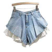 Fashion 2025 Summer New Collection Multi Layer Ruffles Patchwork Light Blue Wide Leg Denim Shorts Women High-waist Short Jeans