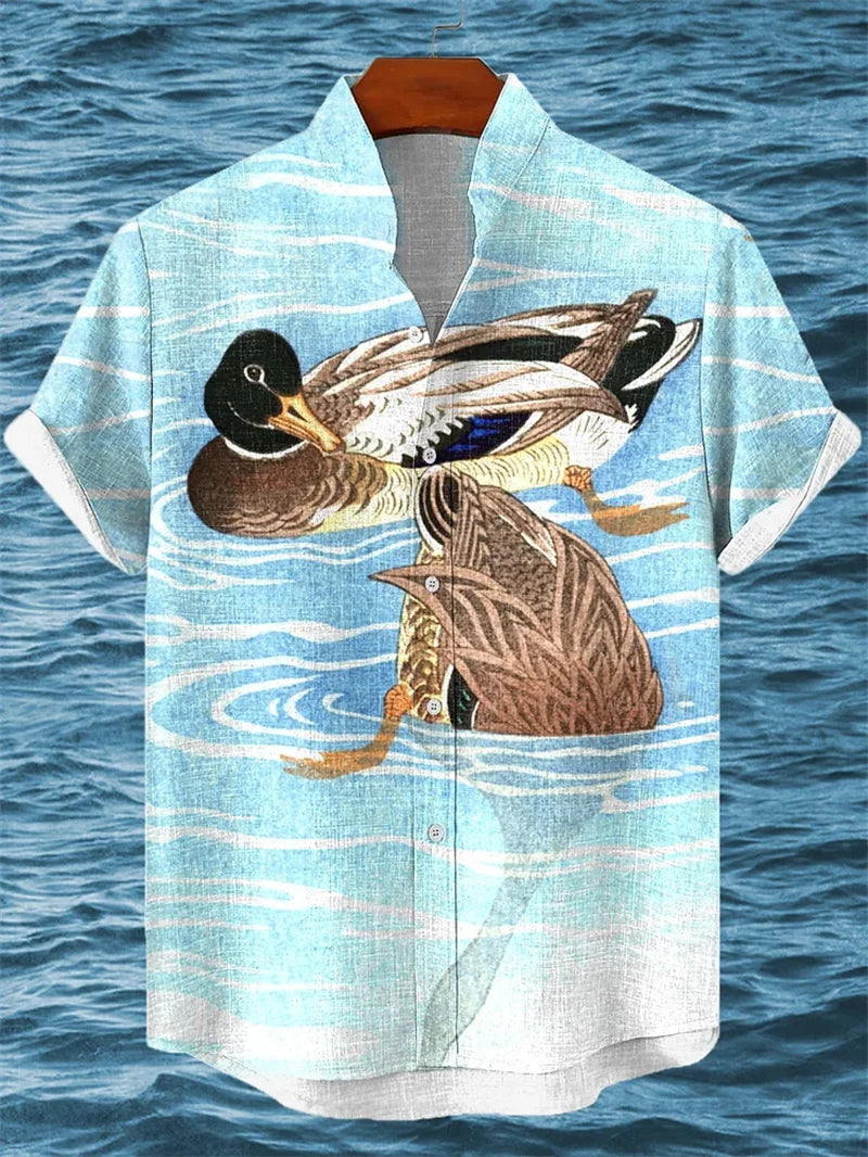 Summer fashion new printed shirt men's short sleeved shirt bird print street casual men's oversized top