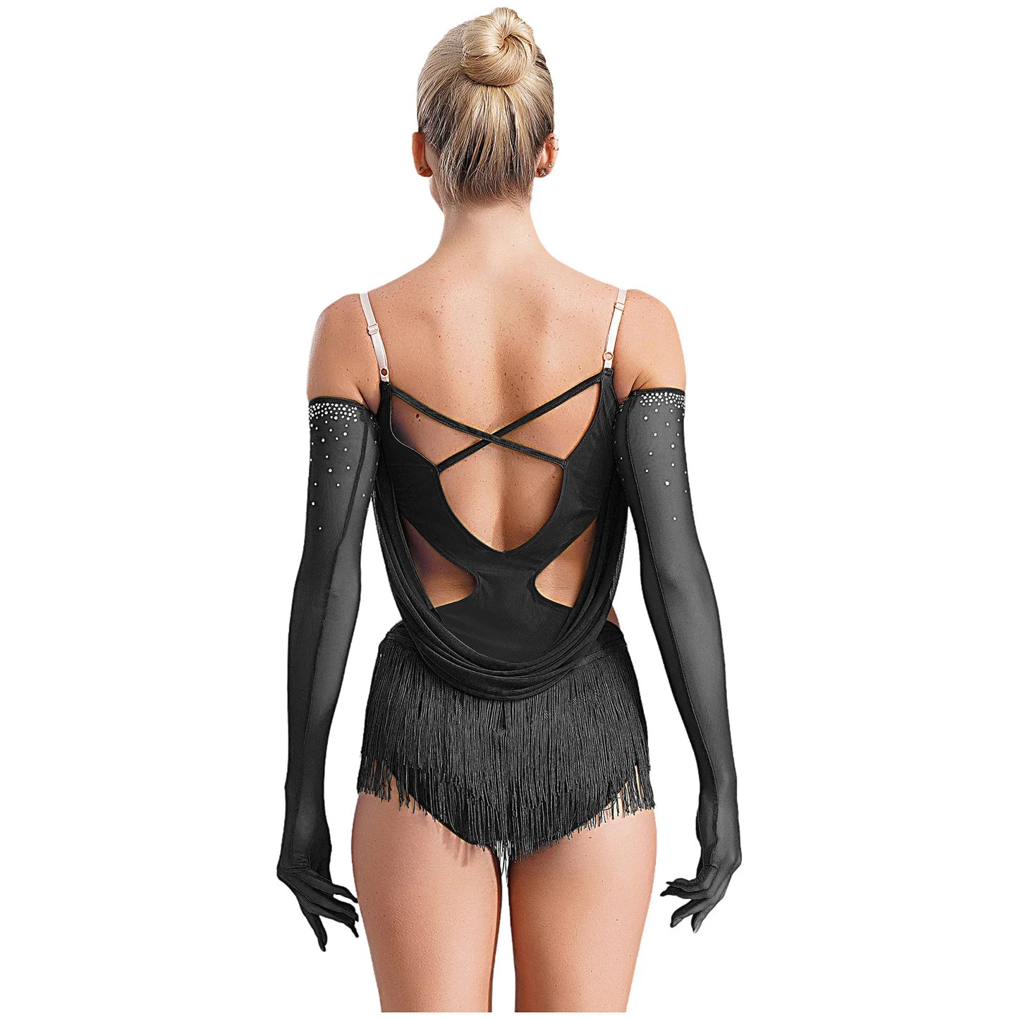 Womens Tassel Jazz Latin Dance Leotard Dress Glittery Rhinestones Adjustable Straps Cutout Fringed Bodysuit with Gloves