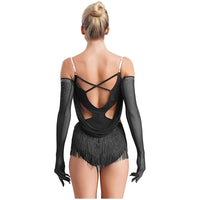 Womens Tassel Jazz Latin Dance Leotard Dress Glittery Rhinestones Adjustable Straps Cutout Fringed Bodysuit with Gloves