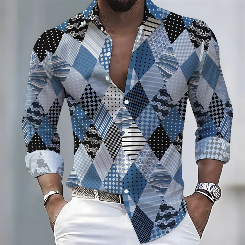 2026 Spring/Autumn New Men's Light Luxury Baroque Style Long-Sleeved Shirt with Color-Blocked Geometric Print Lapel Cardigan