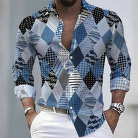 2026 Spring/Autumn New Men's Light Luxury Baroque Style Long-Sleeved Shirt with Color-Blocked Geometric Print Lapel Cardigan