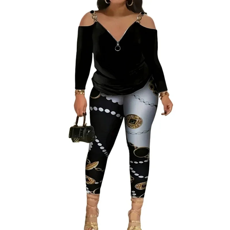 Plus Size 1XL-5XL Women Off-Shoulder Zip-Up Long Sleeve T-Shirt & Printed Tight Pants Ladies Casual T-Shirt & Pants Outfit