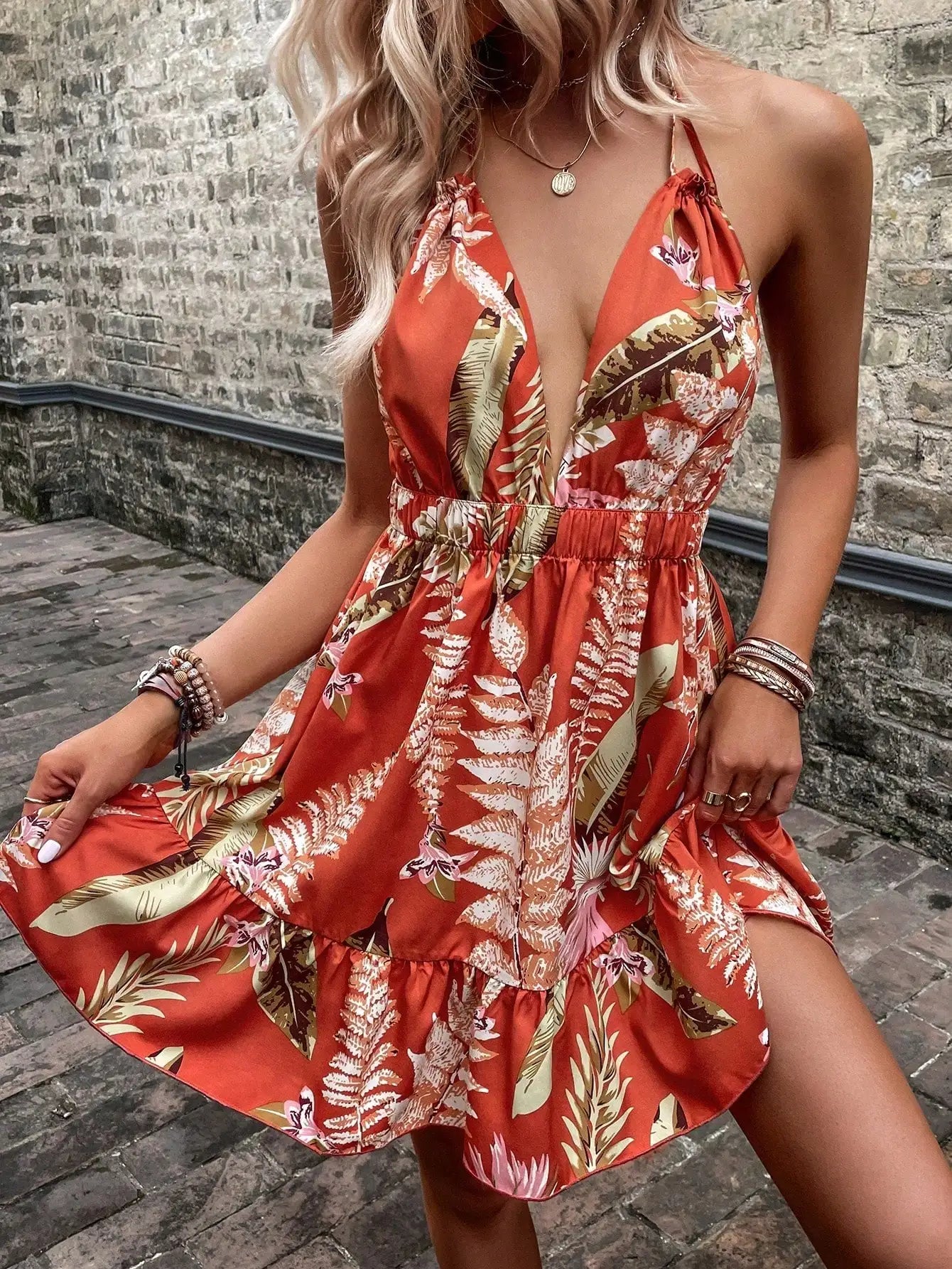 Sexy deep V waist high with ruffles summer dress, tropical orange-red printed camisole dress, perfect for casual vacations.