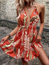 Sexy deep V waist high with ruffles summer dress, tropical orange-red printed camisole dress, perfect for casual vacations.