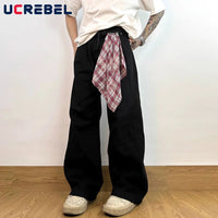 Hip Hop Wide Leg Jeans Mens Patchwork Removable Streetwear Loose Wide Leg Pleated Denim Pants Men