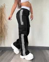 High Waist Stretchy Cargo Pants with Striped Tape Patch Shirred Design And Pockets for Women