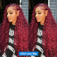 180% 99j Burgundy Deep Wave 13x4 Lace Front Human Hair Wigs Red Colored