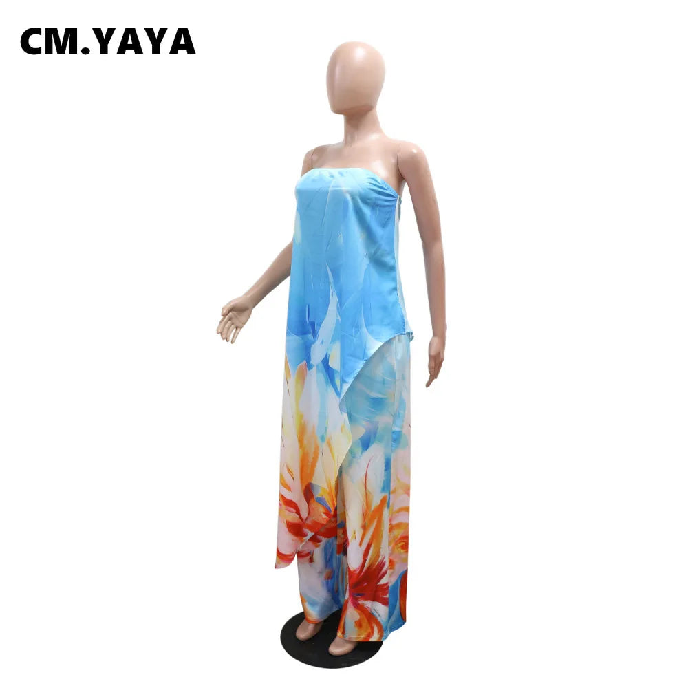 CM.YAYA Beach Holiday Print Women's Set Strapless High Low Blouse Top and Pants Suit 2025 Street Summer Two 2 Piece Sets Outfit