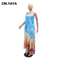 CM.YAYA Beach Holiday Print Women's Set Strapless High Low Blouse Top and Pants Suit 2025 Street Summer Two 2 Piece Sets Outfit
