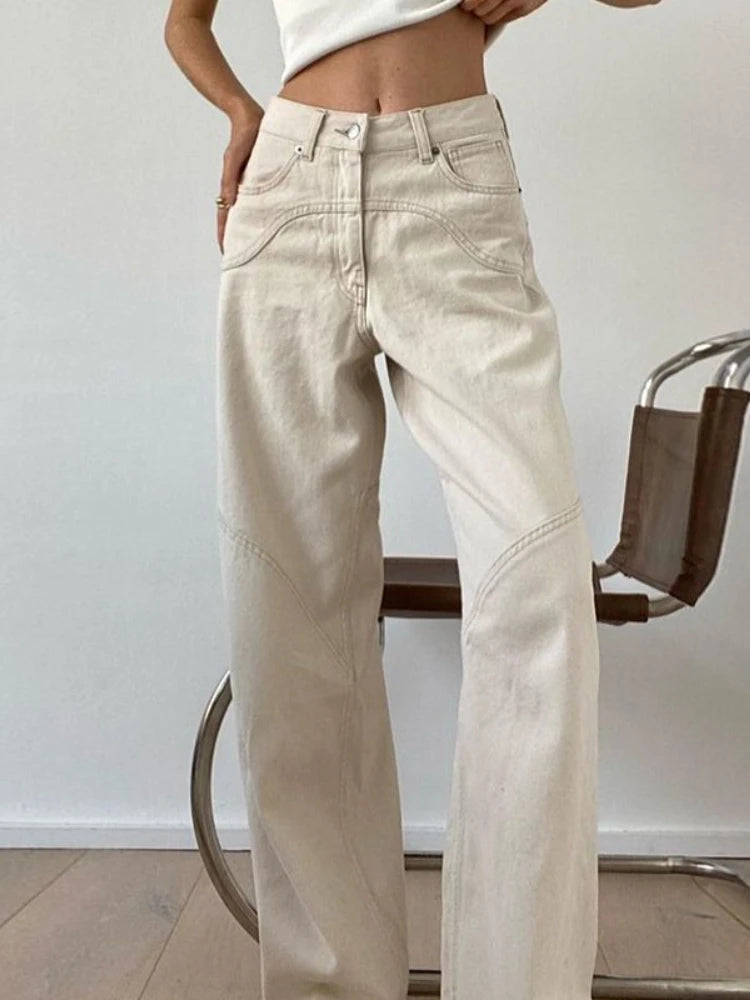 Beige Jeans Women Trendy European Style Loose Casual High Waist Spring All-match Streetwear Ins Hotsweet Simple New Full Length