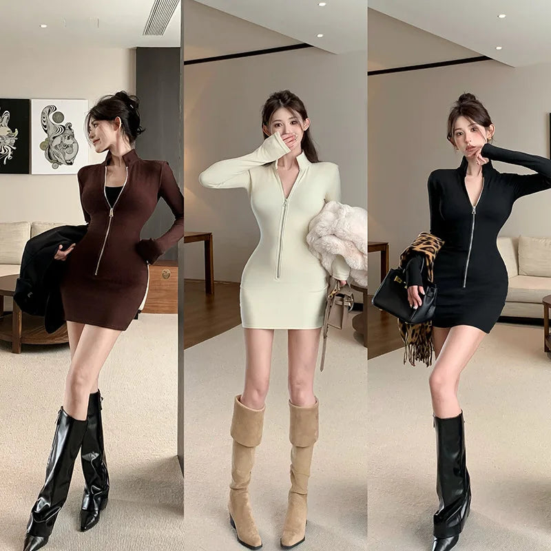 Sexy American Style Long Sleeve Dress Women's Autumn Winter Slimming Base Layer Skirt Fashionable A- Line Short Dress High Waist