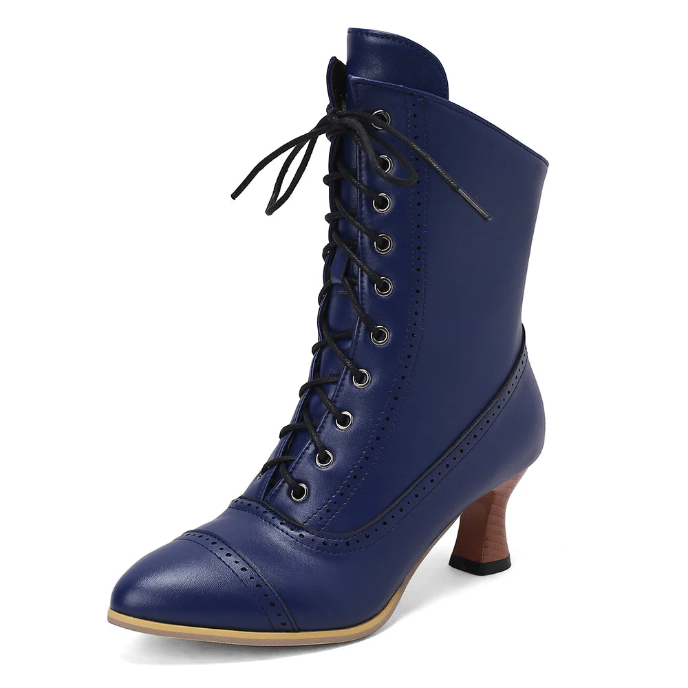 2025 New Lace Up Ladies High Heel Shoes Strange Steampunk Boot Victorian Ankle Boots Women Pointed Toe Thick Soled Short Boots