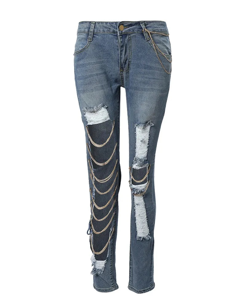 Chain Decor Cutout Ripped Denim Pants Women Low Waist Ankle Length Spring Summer Jeans Denim Pants Sexy