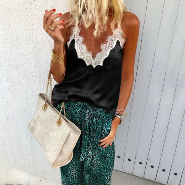 Women's Loose Lace Satin Silk V-Ne Tank Tops Fem Faionable And Comfortable Summer Wear Casual Ele Design