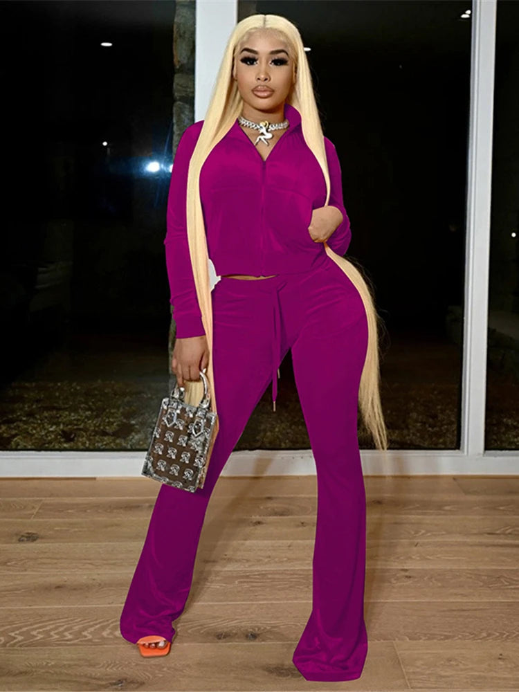 Kliou Solid Velour Two Piece Set Women Simple Casual Zipper Long Sleeve Turtleneck Top+Bandage Lace Slim Female Wide Leg Pants