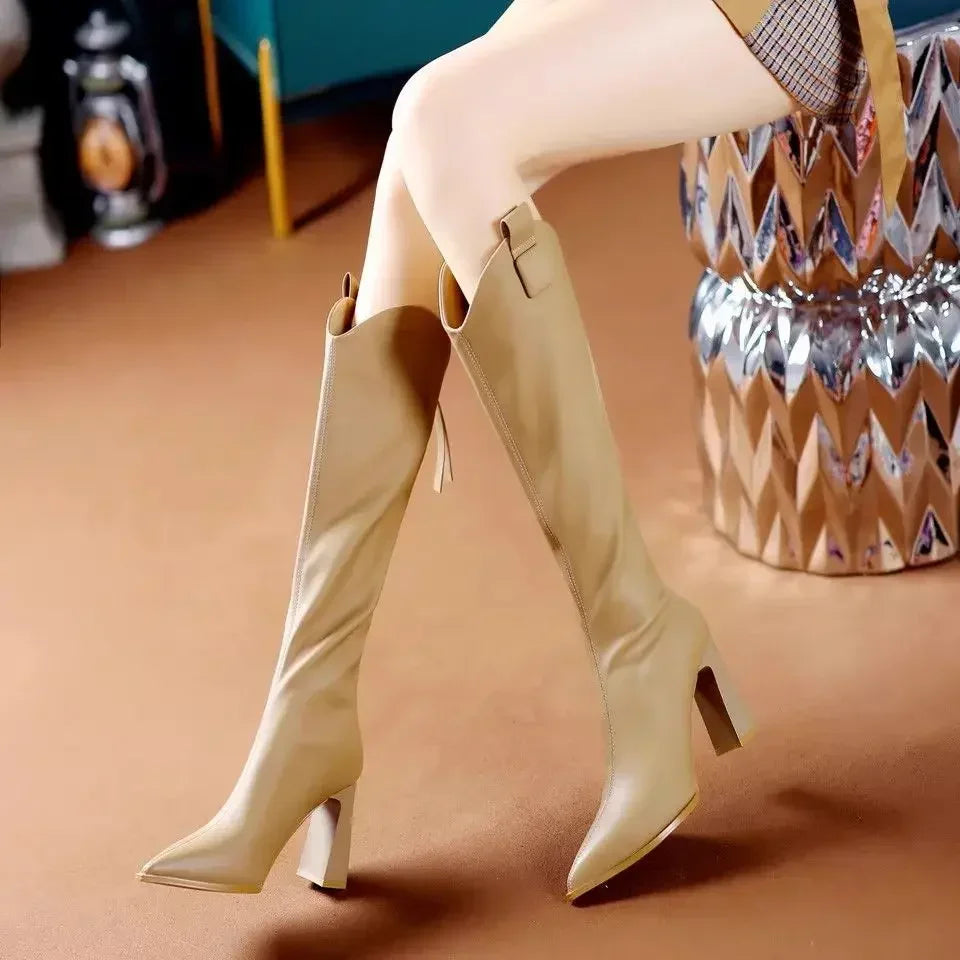 Winter 2024 Elegant Heeled Autumn Ladies Knee High Shaft Shoes Heels Work Waterproof Footwear Hot Demi-season Women's Long Boots