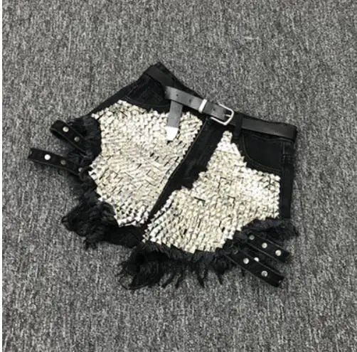 Rivet denim shorts summer spring women high waist loose tassel jeans shorts