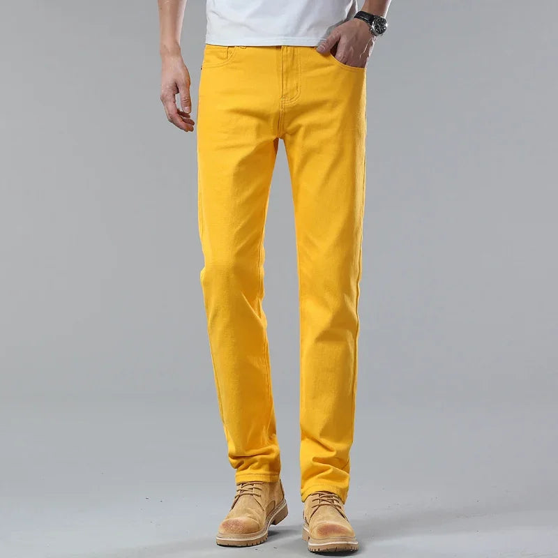 New High Quality Men's Trend Yellow Red White Jeans 2024 Spring Autumn Male High Waist Casual Pants Classic Brand Denim Trousers