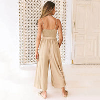 2023 Women Summer Spaghetti Straps V Neck Smocked Wide Leg Jumpsuits Button Rompers With Belt Lady Teen Girls Causal Jumpsuits